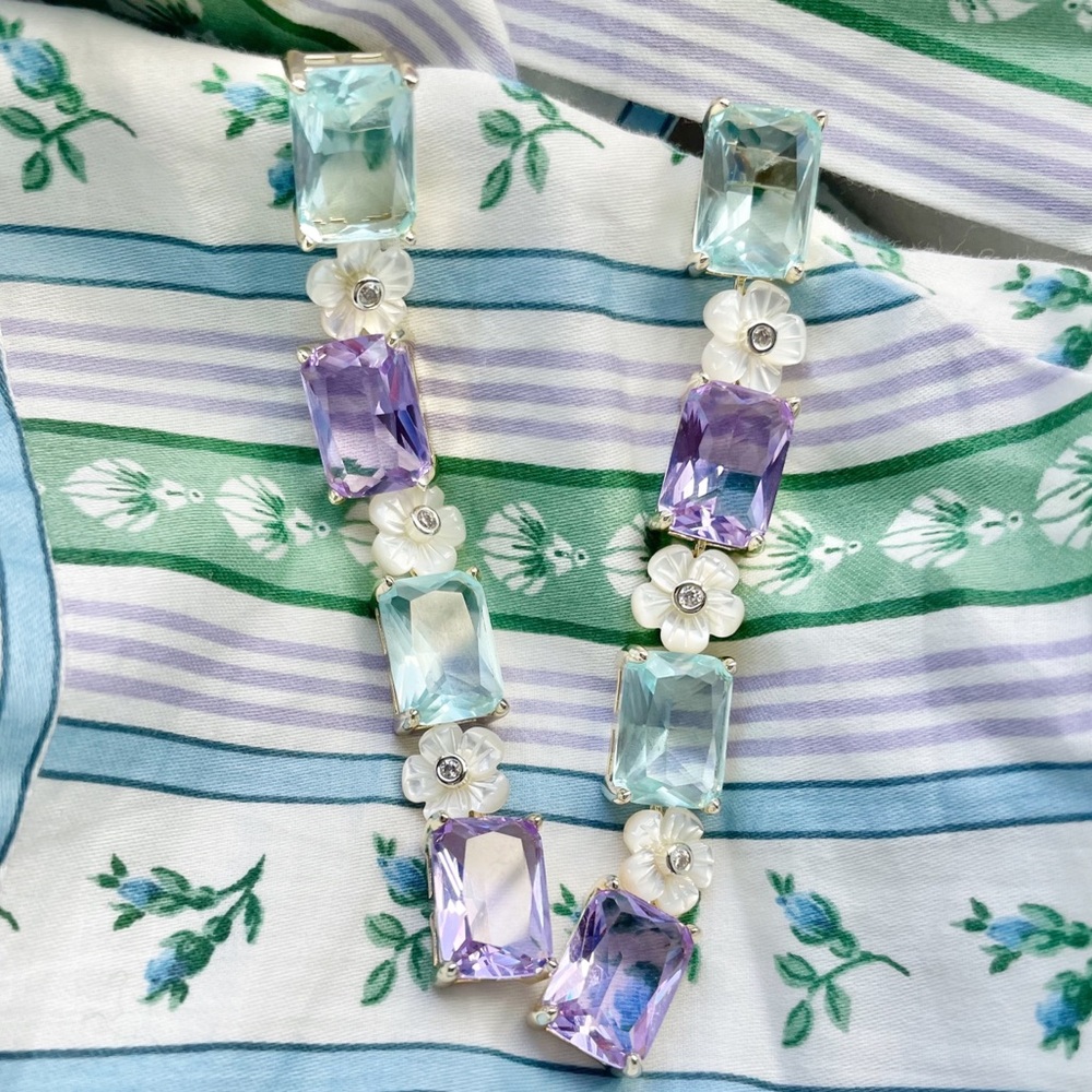 Nicola Bathie Mother of Pearl flowers lilac & baby blue crystal linear earrings.